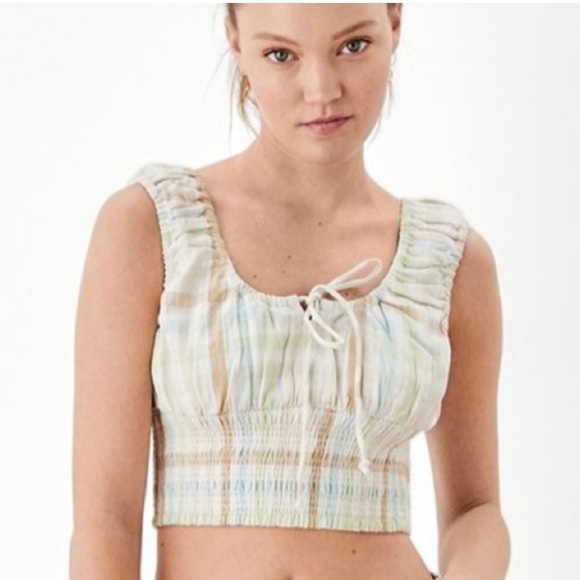 American Eagle Outfitters Tops - American Eagle Plaid Smocked Bubble Crop Tank